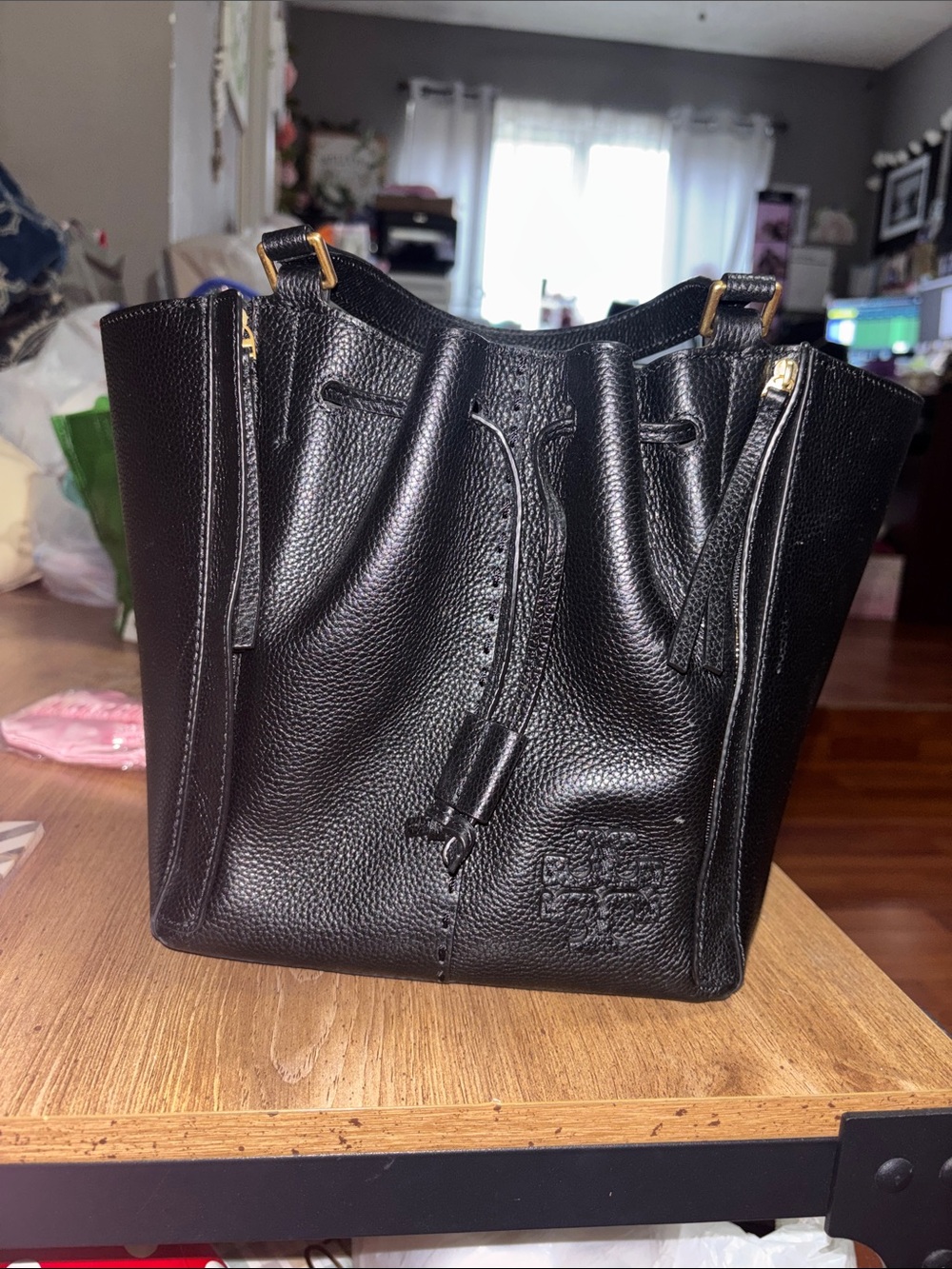 Tory Burch Black Pebbled Leather Drawstring Shoulder Bag